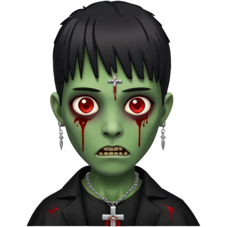 zumbi verde com olhos vermelhos sangrando e franja roupa preta e um crucifixo como colar emoji