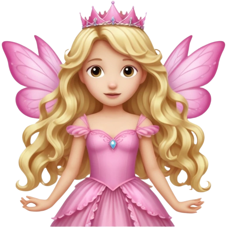 Detailed long pink princess dress, long blonde wavy hair, pink fairy wings emoji