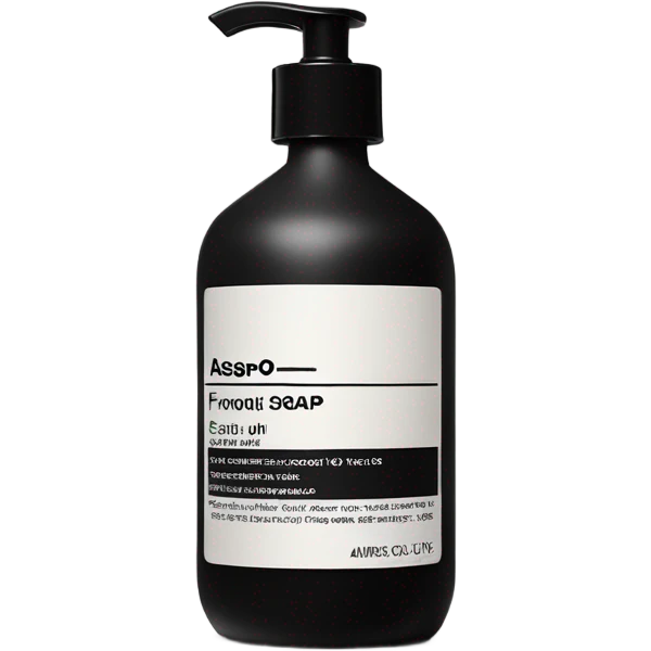 Liquid soap bottle by brand Aesop – black bottle with white label emoji