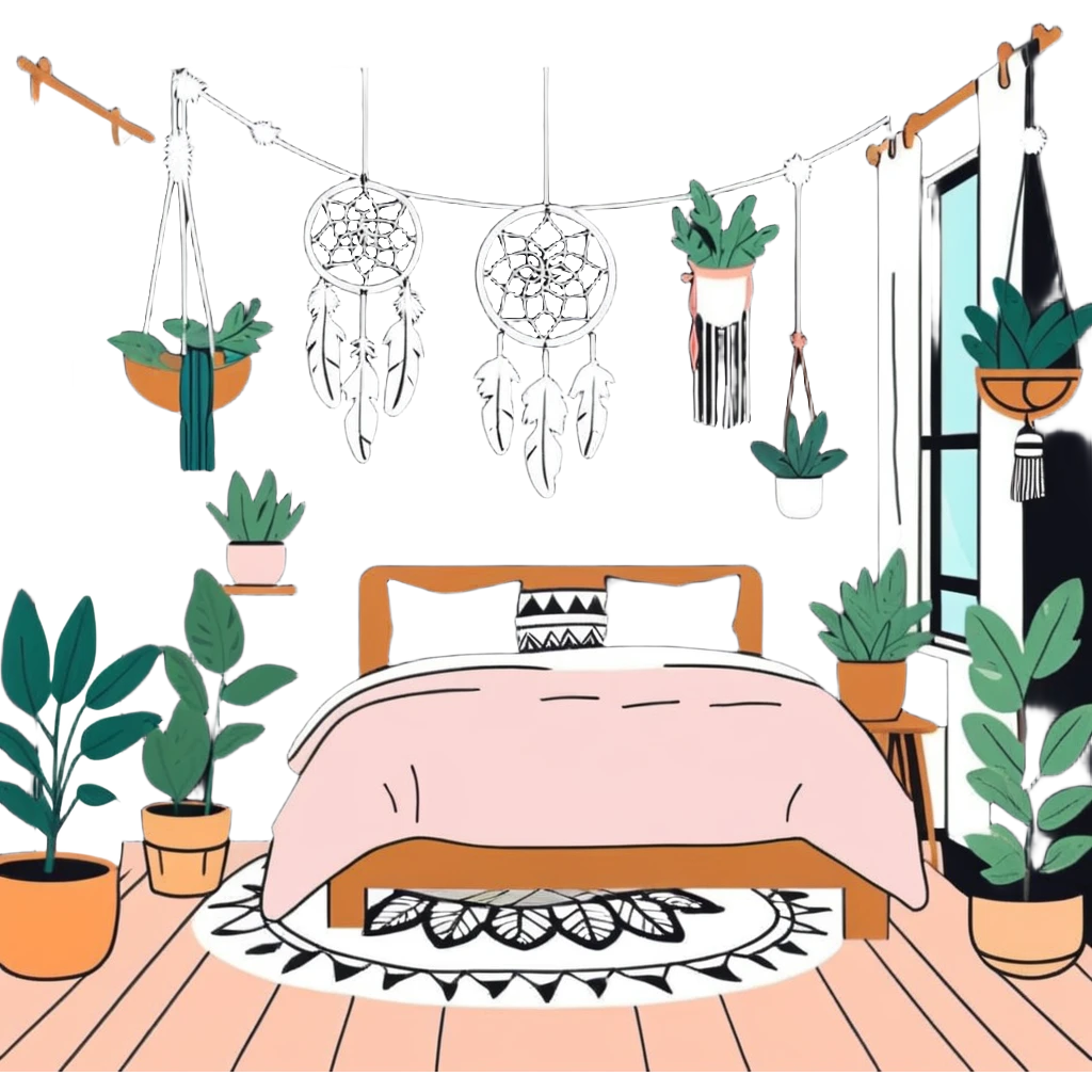 boho bedroom with hanging plants, dreamcatcher, fluffy rug, and string lights emoji