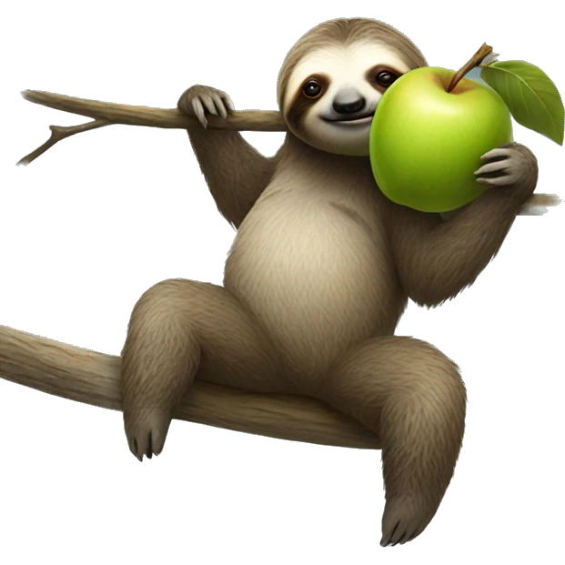 realistic full body sloth hanging from branch and holding an apple emoji
