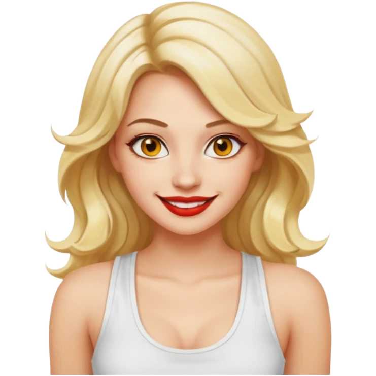 a woman with white tank top and smile, her hair is long wavy blonde hair, her face is baddie girl style, her eyes color are yellow and the color of her lip is soft red emoji