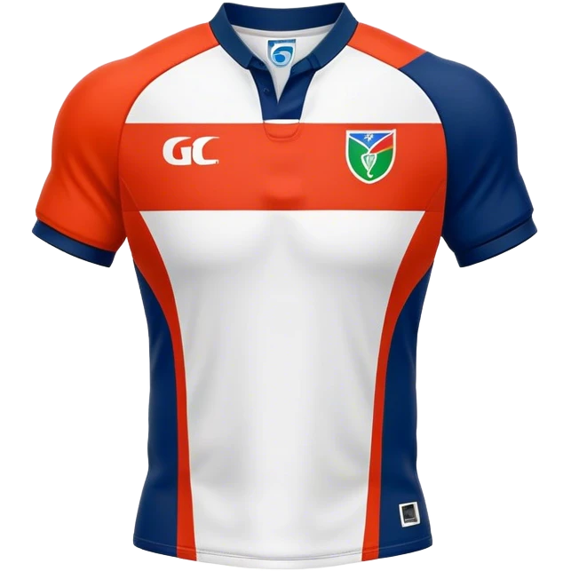 Cinematic Realistic image of a rugby jersey rendered in bold, dynamic team colors with intricately detailed fabric textures and natural creases, illuminated by dramatic stadium lighting emoji