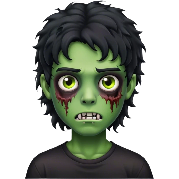 boy zombie with black curly hair mullet with green skin with black shirt emoji