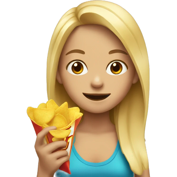 A blond girl eats chips and chocolate emoji