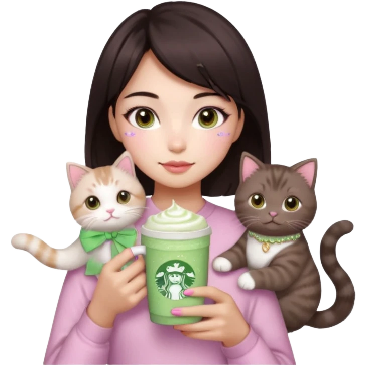 asian girl with short dark brown hair and dark brown eyes with a soft girl pink glowup aesthetic, matcha latte, 2 light brownragdoll cats, and sparkles, makeup, and money. more sparkles emoji