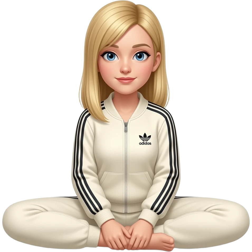 Dirty blonde straight hair with blonde highlights, hair parted to one side, thin long face, mid length hair, cream adidas track suit, doing the split in a gif moving emoji