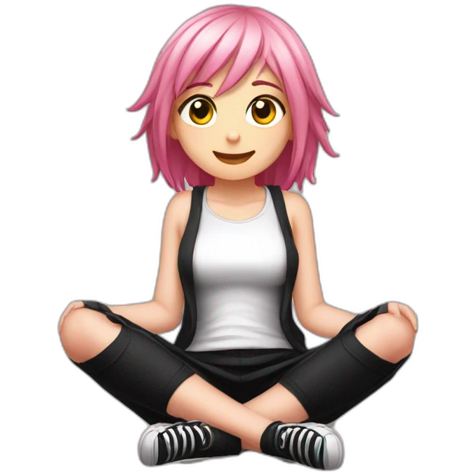 Full body Front view curvy emo girl pink hair sits on the floor straight view hands up black skirt белые трусики emoji