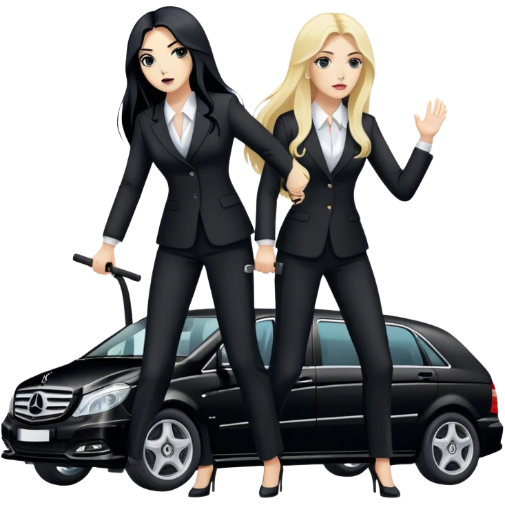Two woman in black pants suits. They have long hair. One has black hair and one is blond. They are punching a stretcher with a coffin on into a black Mercedes Vito emoji
