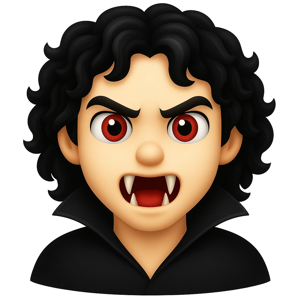 Create an image of a vampire boy with medium-length curly black hair and more prominent fangs in an emoji style. The style should resemble emoji aesthetics but use the general editing model for best results. emoji