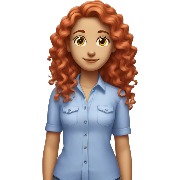white girl with long red curly hair, wearing a pastel periwinkle shirt doing a pose emoji