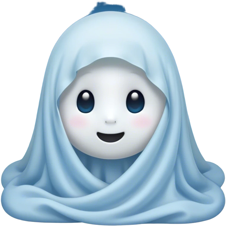 An adorable, peacefully floating sheet-like ghost in gentle pastel whites and blues, its soft, rounded form loosely draped, head resting with closed, serene sparkling eyes and a tiny, contented smile, simplified yet irresistibly charming, highly detailed, with a soft glowing outline that captures the essence of a sleepy, endearing spirit wrapped in cozy slumber! emoji