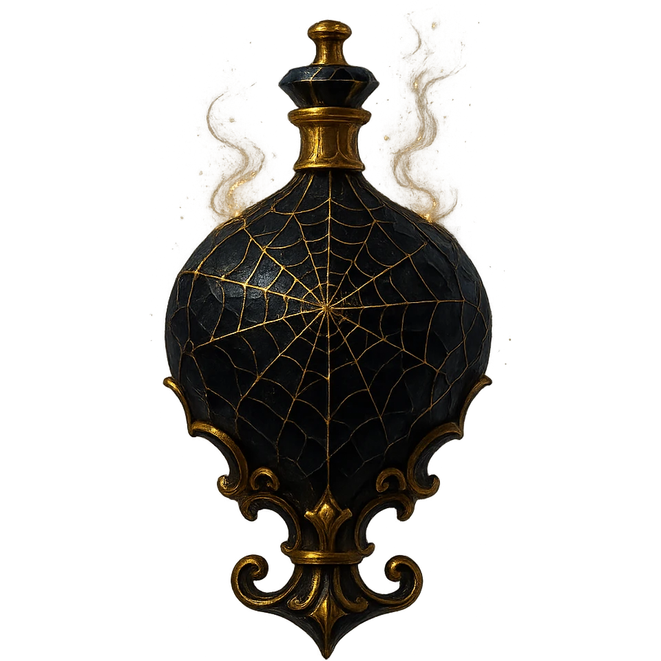 dangerous luxurious crystal elixir bottle, black color, with spider web texture on surface, lots of glowing edges and ornaments, golden details, magical effects, very small golden neck, transparent background, beautiful connected base, clearly hanging in air, no base or shadow, premium class impression, dark and mysterious design, fitting a collection of crystal, luxurious, magical bottles emoji