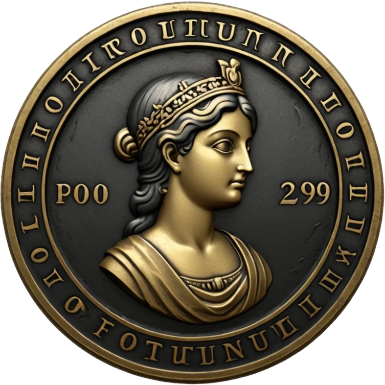 Emoji style, ancient coin made of blackened metal, “FORTUNA” engraved in refined fashion typography, heavy form, subtle worn metal texture, avant-garde editorial aesthetic, no glow, no neon, flat emoji design, centered, transparent background emoji