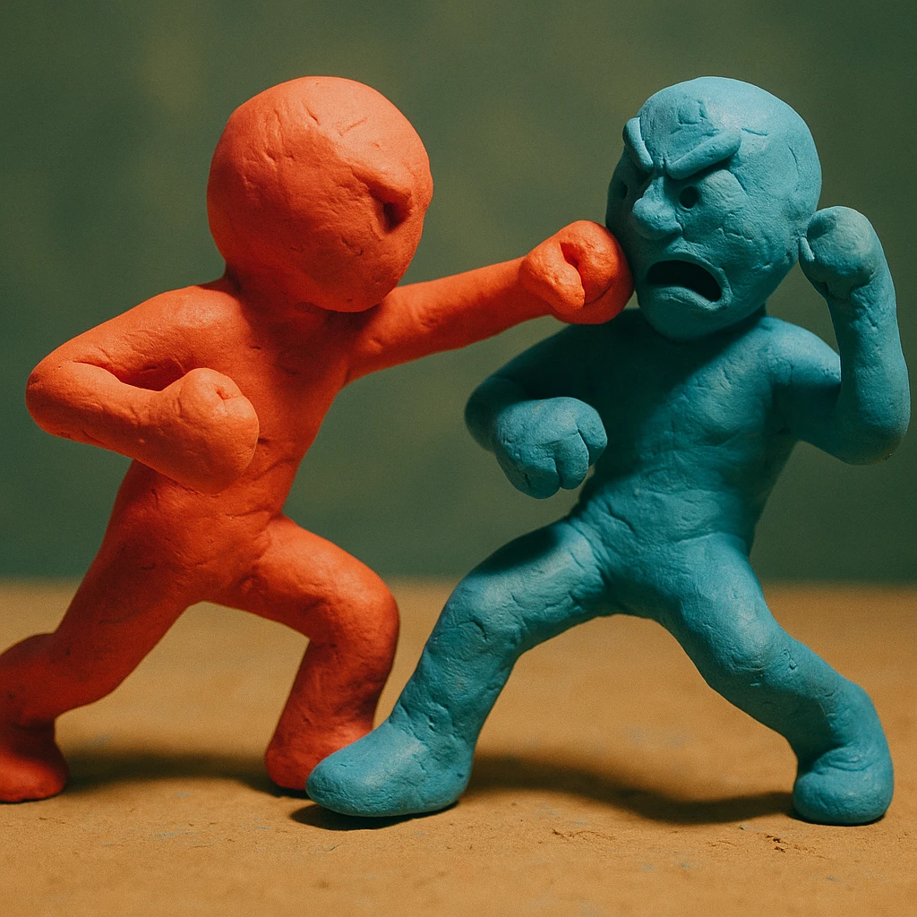 dynamic fight scene with two characters in claymation style emoji