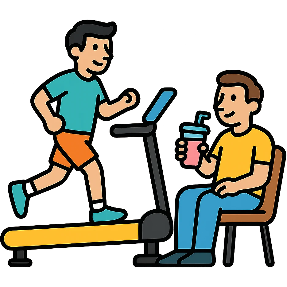 one man on a treadmill, the other man relaxing with a smoothie, icon style, modern and easy to understand emoji