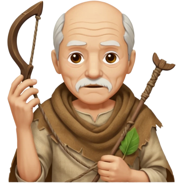ancient old man, tattered leaf cloth, hold the slingshot emoji