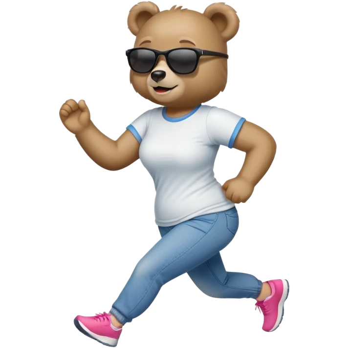 friendly anthropomorphised female bear in jeans and a t-shirt, wearing dark sunglasses, jogging upright in relaxed pose emoji
