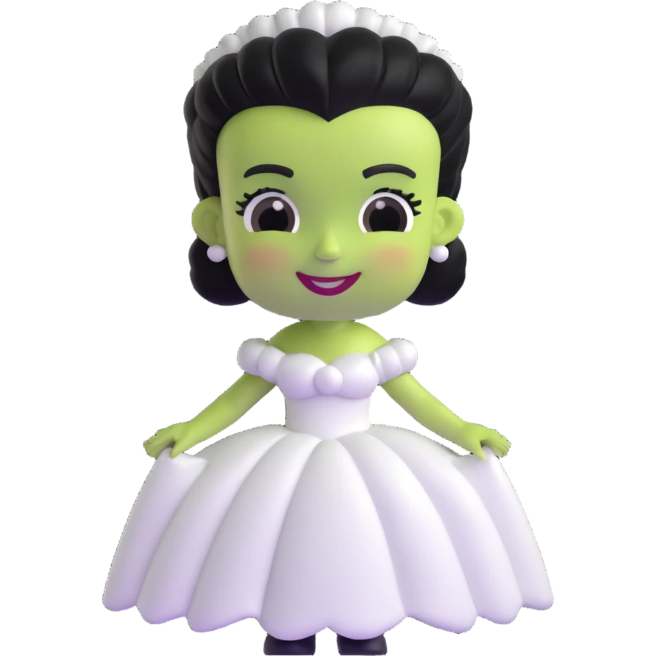 adorable 3D Bride of Frankenstein with big smile and cute black and white hair emoji