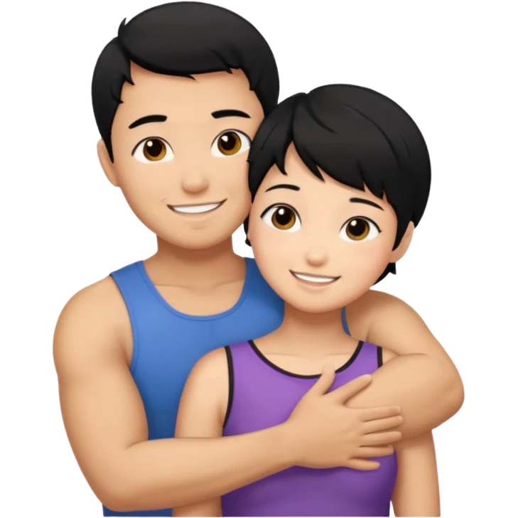 buff tan asian Man black hair hugging girl with black pixie cut  emoji