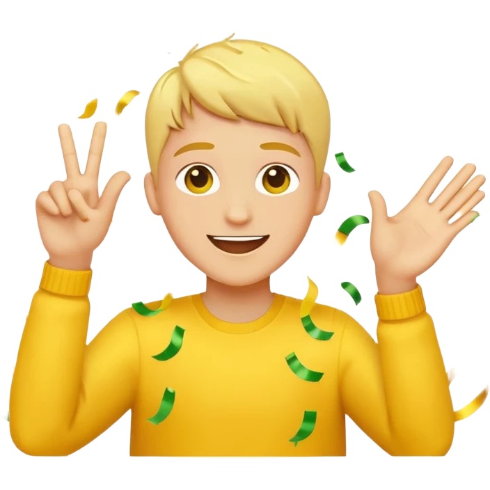 celebration scene for 'Lamine YAML 304' in yellow Apple emoji hand style, festive elements like confetti, streamers, joyful hand gesture, bright yellow color palette emoji