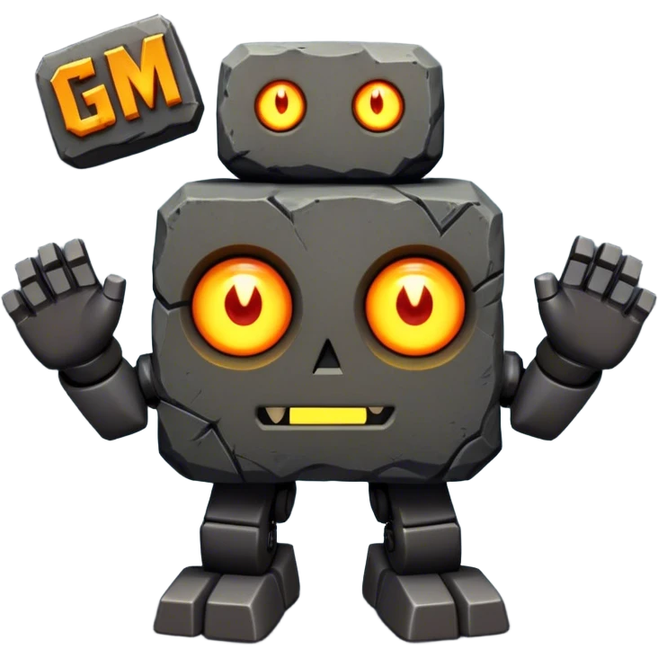 Rock creature with glowing eyes and 'GM' behind, featuring a blocky body of dark gray stones, orange-brown arms and chest patch, and seven glowing yellow eyes—three on the left, one in the middle, and three on the right—arranged on its head, with large bold 'GM' letters in the background.

 emoji