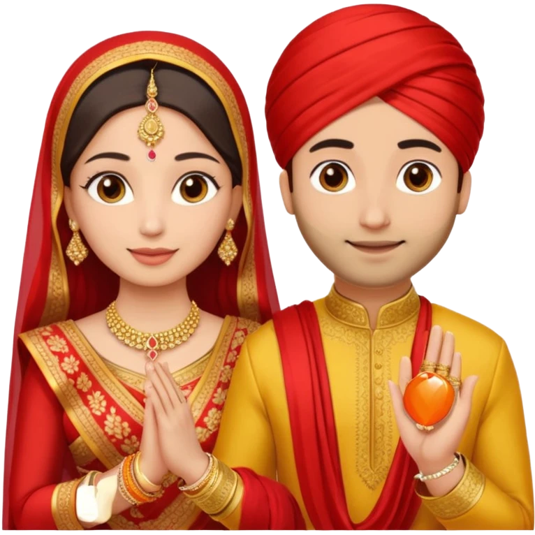 Two hands in a engagement..One hand of groom and one hand of bride. Bride hand - red/yellow saree. groom- light orange punjabi (oonly hands will be visible in the image). Groom's hand is holding a ring.*only the image of hand should be visible* emoji