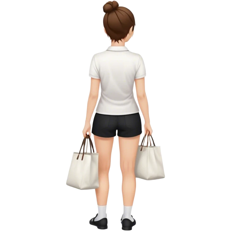 pretty girl back view white polo black shorts brown hair in a bun white totebag emoji