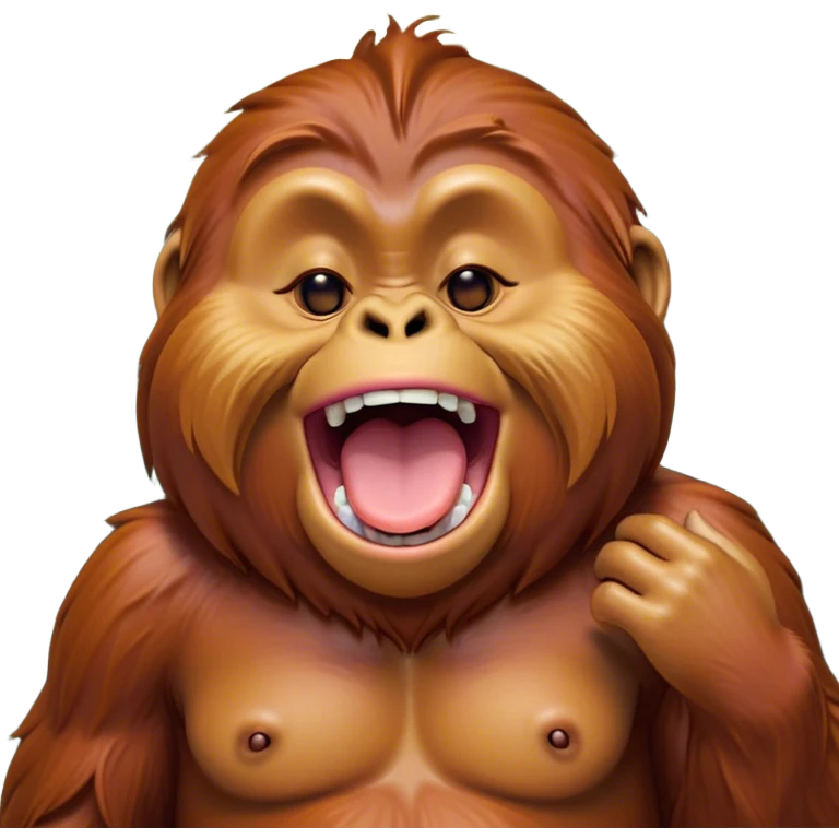 Cinematic Cute Yawning Orangutan Portrait Emoji, Head tilted slightly with a dramatic, wide-open yawn, showcasing a richly textured face with half-closed, sleepy eyes and a relaxed, open expression, Simplified yet irresistibly adorable features, highly detailed, glowing with a soft, cozy jungle glow, high shine, relaxed yet expressive, stylized with a dash of whimsical charm, soft glowing outline, capturing the essence of a drowsy yet affectionate guardian that appears ready to stretch out for a nap! emoji