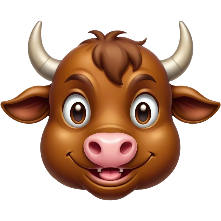 Cinematic Comical Brown Bull Portrait Emoji, Head tilted dramatically with an exaggeratedly amused expression, featuring a striking, glossy brown hide with a bold natural sheen, wide, expressive dark eyes filled with playful disbelief, Simplified yet hilariously expressive features, highly detailed, glowing with a slightly sassy glow, high shine, dramatic yet playful, stylized with an air of cheeky mischief, bright and endearing, soft glowing outline, capturing the essence of a spirited and over-the-top bull, so meme-worthy it feels like it could charge its way into internet fame instantly! emoji