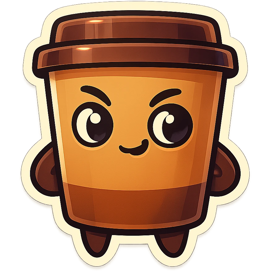 Tall coffee cup, mischievous eyes, pondering emoji