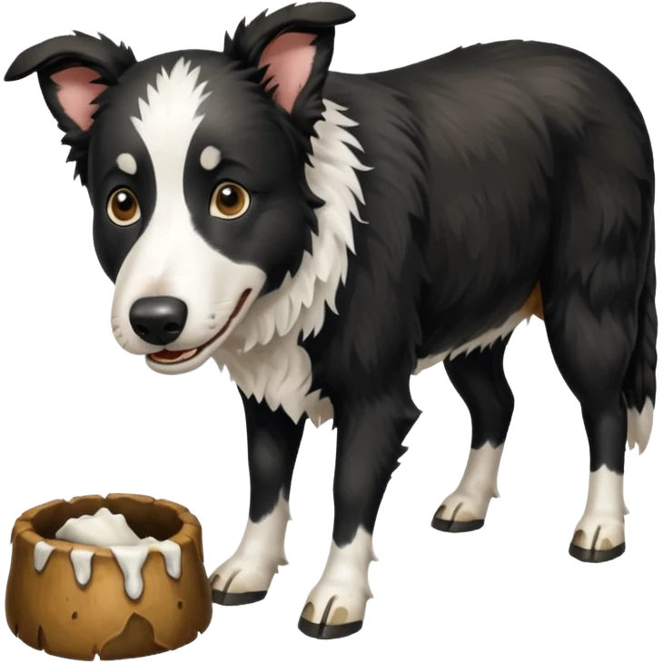A black and white border collie is chewing on a cow's hoof. emoji
