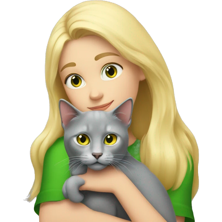 blonde girl hugs a gray cat with green-yellow eyes blonde girl hugs a gray cat with green-yellow eyes emoji