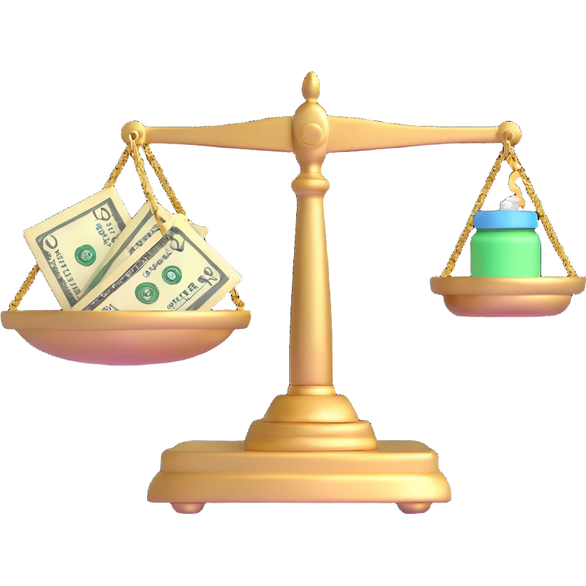 gold scale with dollar bills on one side and beauty products on the other side emoji