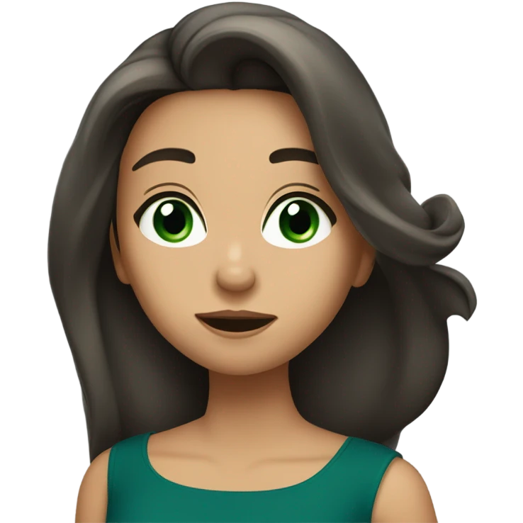 a brunette with long hair and green eyes and in a dark blue dress sends an air kiss emoji