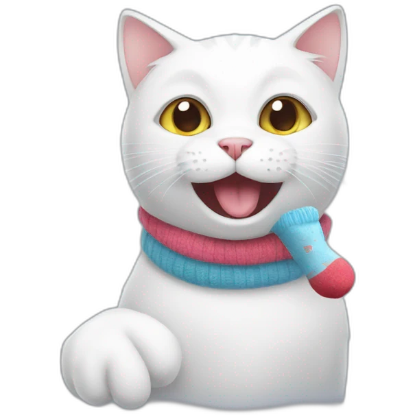A white cat holding a sock in his mouth emoji
