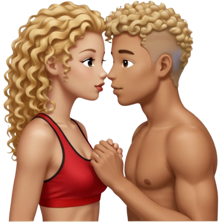 athletic man, high top fade, blonde curly hair only top only, no shirt and Athletic girl with long light RED wavy long hair and black sports, Put them together kissing, or holding hands give the girl red hair  emoji