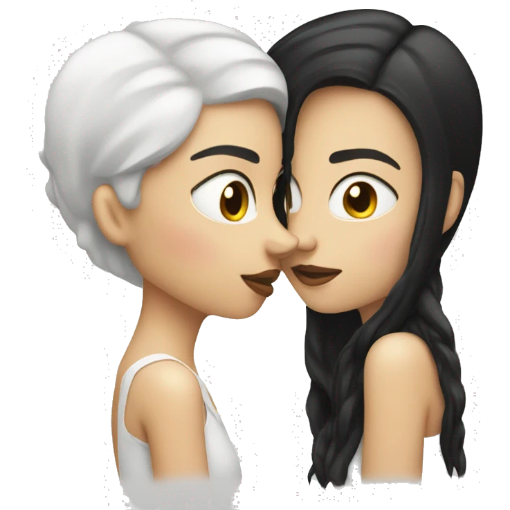 Two white skin lesbians kissing on the lips. Both have long black hair. emoji