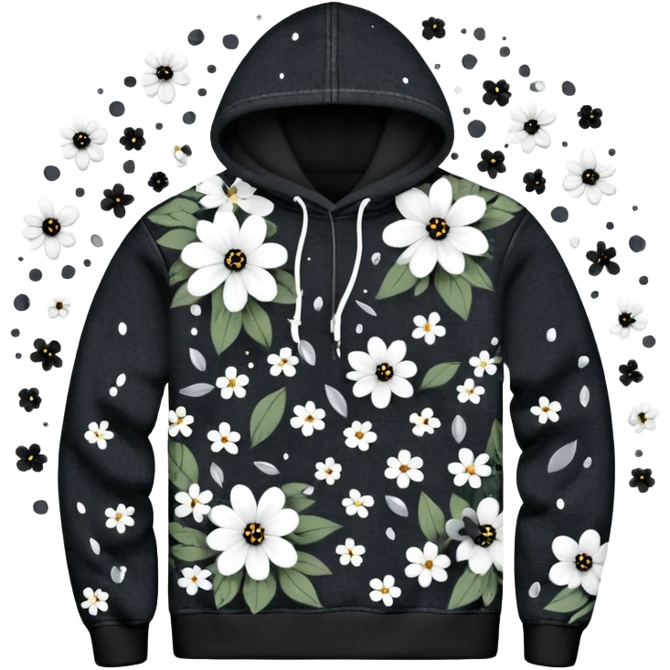 The BLACK Denim Tears Hoodie features a black base with distinctive white and black  open flower spots with empty space in the middle, These hollow ring-like patterns are scattered across. BLACK AND WHITE FLOWERS SPACED OUT FLOWERS, AND ONLY A FEW FLOWERS AND NO DOTS emoji