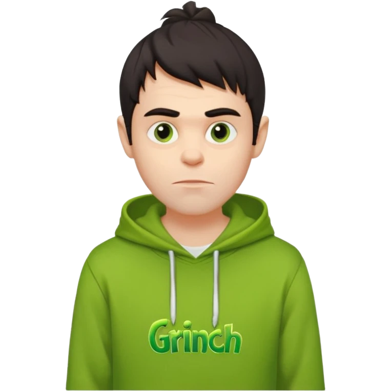 Create an avatar of white Europeanwith dark hair  male in hoodie with ``BST`` letters on it. Make background to look like from movie Grinch emoji