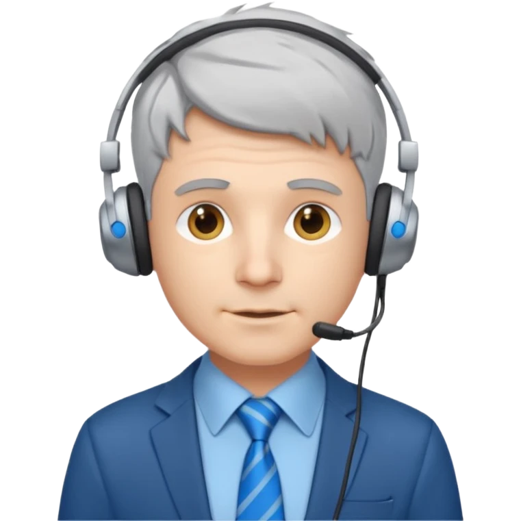 white male programmer with short messy silver gray hair, blue tie, small headphones emoji