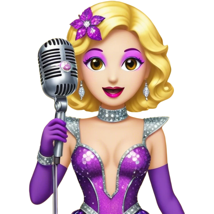 Create a glamorous and vibrant emoji representing stage vocal performance. The design should feature a humanless collage of classic vintage microphone, stage costume covered in rhinestones, large scene speakers, scene lights. The costume should be stylized, with glittering elements like sequins and sparkles, and reflect the glitzy, extravagant nature of show business. The microphone should have a sleek, retro look with chrome or metallic accents. Use rich, dazzling colors like gold, silver, deep purple, and bright red to evoke the glamorous, larger-than-life feel of a stage performance. The background should be transparent. emoji
