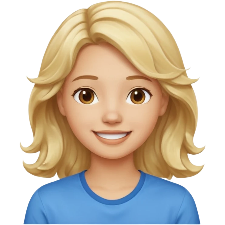 Happy blond girl with light weavy hair with a blue shirt but we can see only her face and neck and the top of the t shirt, no whole body emoji