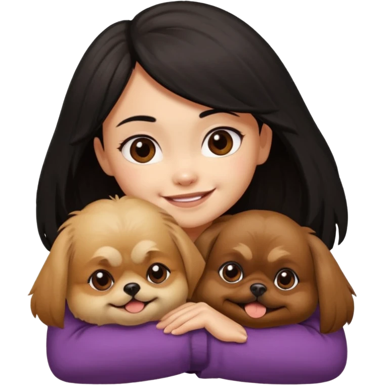 black hair girl hugging brown pekingese dog that looks a little bit like brown gremlin emoji