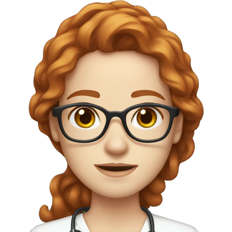 redhead young woman with glasses wavy long hair, pale skin, brown eyes, doctor  emoji