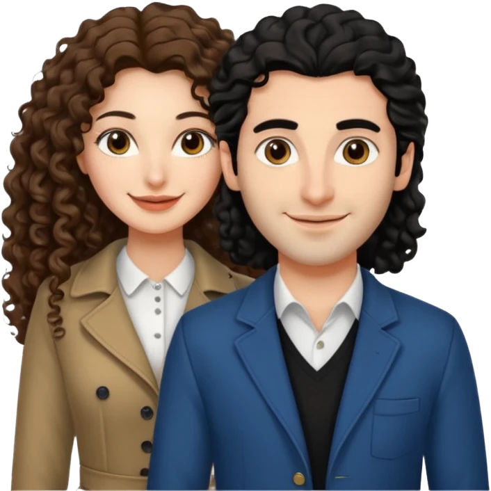 A Lebanese women with straight long brown hair and an Italian man with curly black hair looking at the camera smiling wearing nice modern but stylish clothing emoji