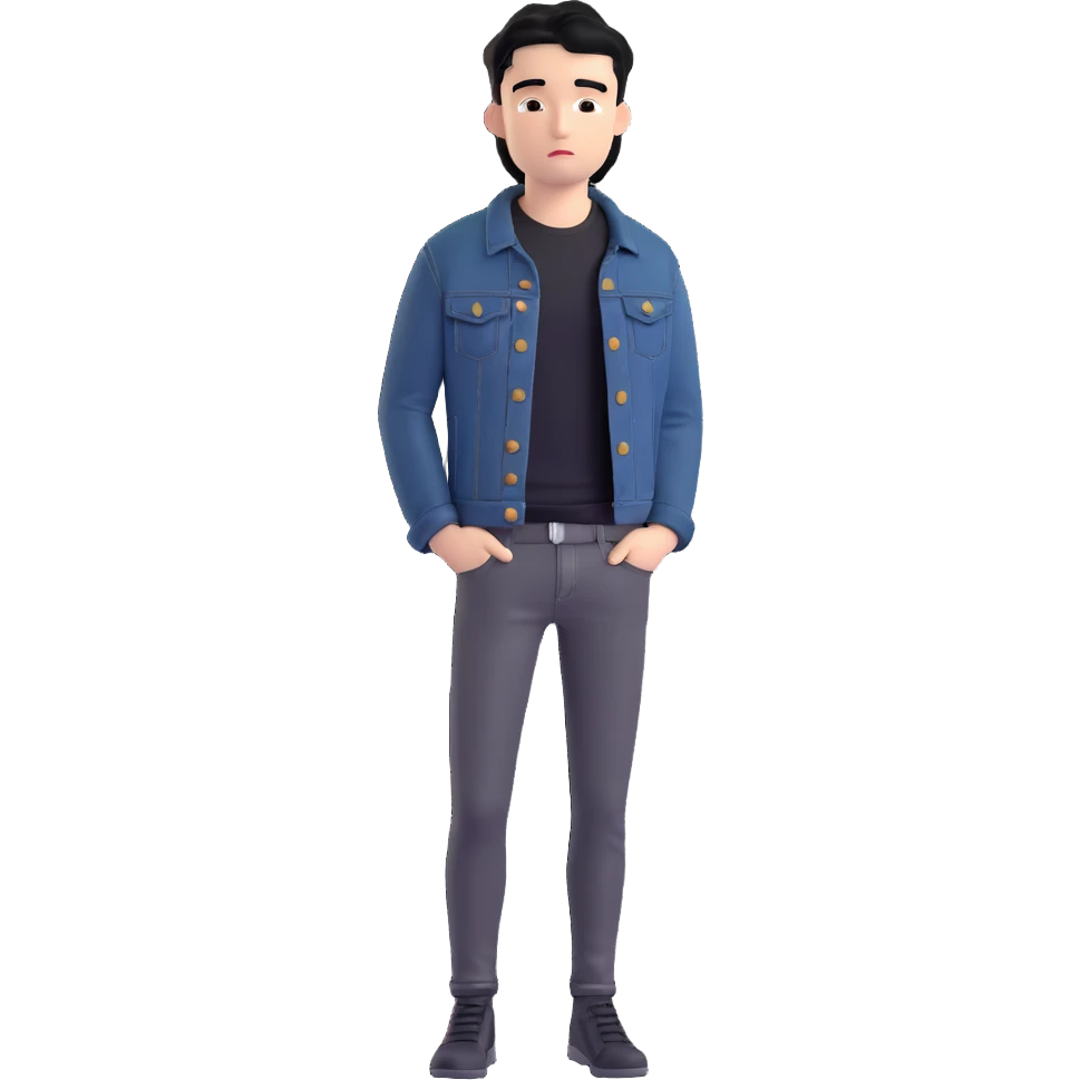 3D emoji Microsoft style, young man with black hair, wearing black t-shirt and black denim jacket, based on photo reference, slight shadow on face emoji
