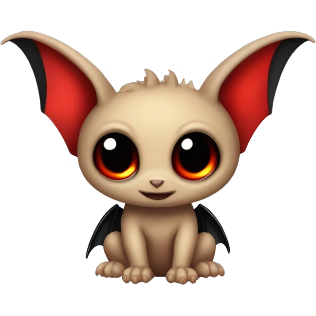 baby bat dragon tan body with lighter fur black paws and black wings with red in the inside of the wings big eyes red horns with black ears with tan color inside of them  emoji
