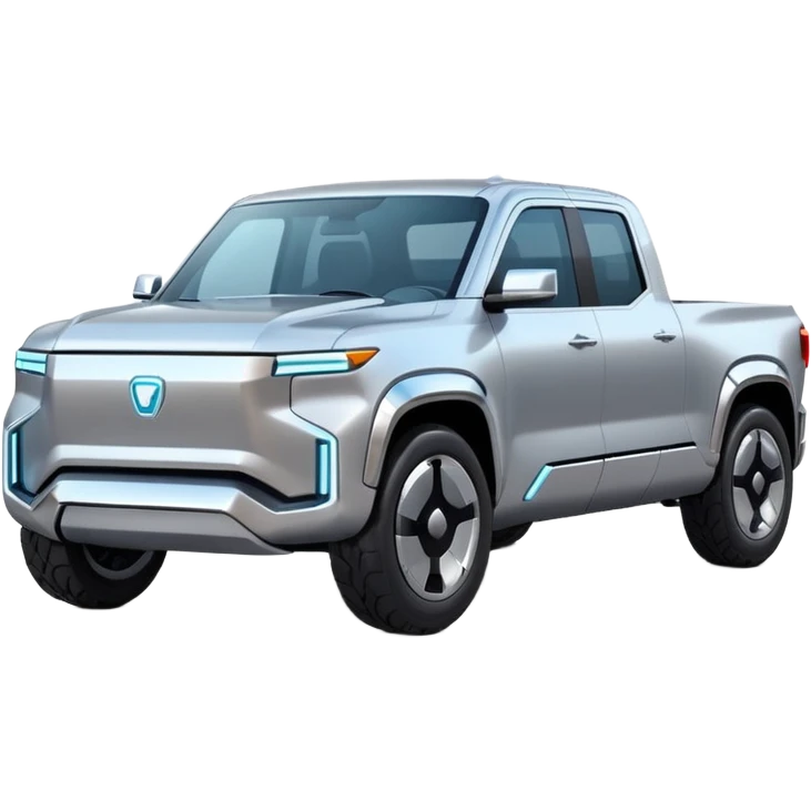A futuristic electric pickup truck emoji, silver chrome body, angular cyber design, smooth metallic panels, subtle reflections, minimalistic proportions, iOS emoji style, centered composition, clean white background, soft lighting emoji