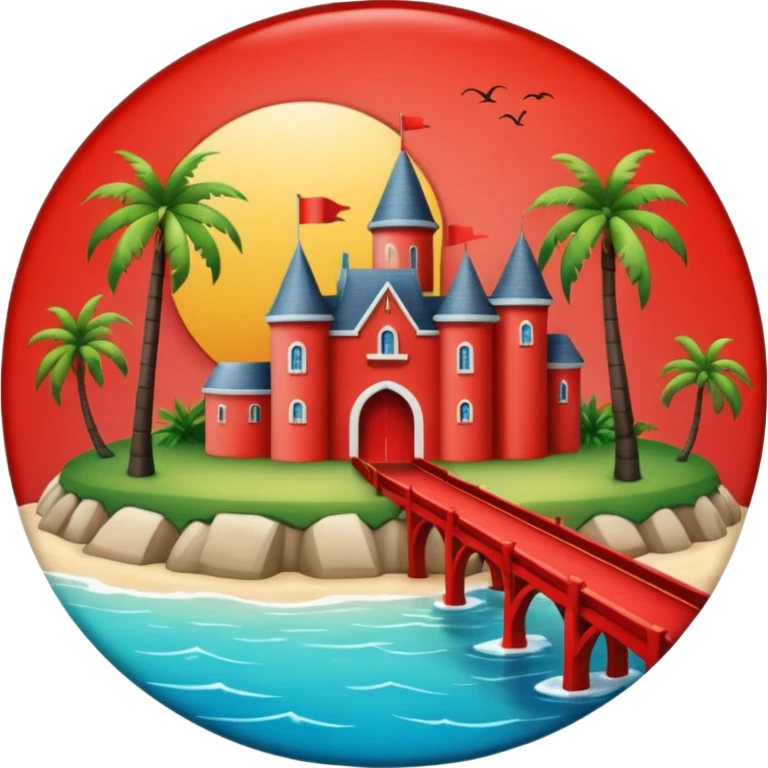 a circular island with a modern chateau, a beach with palm trees in front. also, a red bridge behind.  emoji